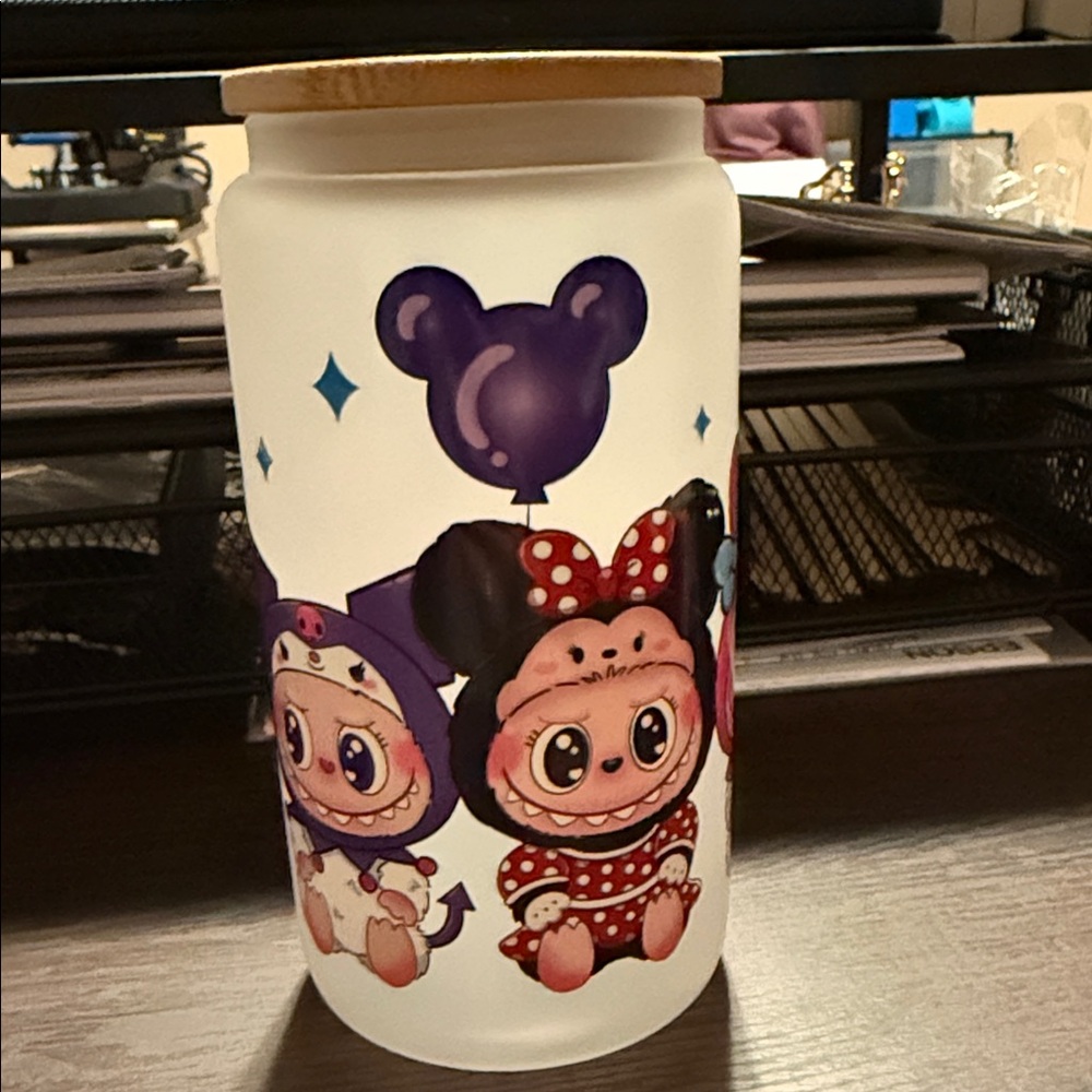 Cute Character Glass Cup with Wooden Lid